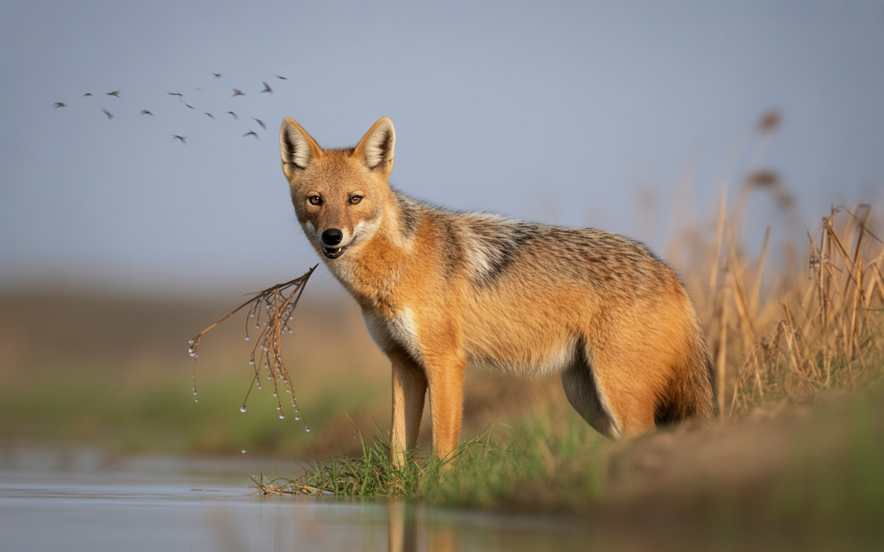 Un renard se tient près de l'eau, tenant une branche avec des gouttes, sous un ciel clair et des oiseaux volant.