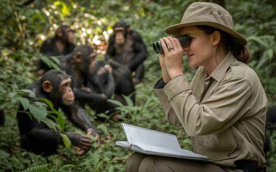 Femme en tenue d'exploration observe des chimpanzés à l'aide de jumelles, un carnet ouvert à ses côtés dans une forêt dense.