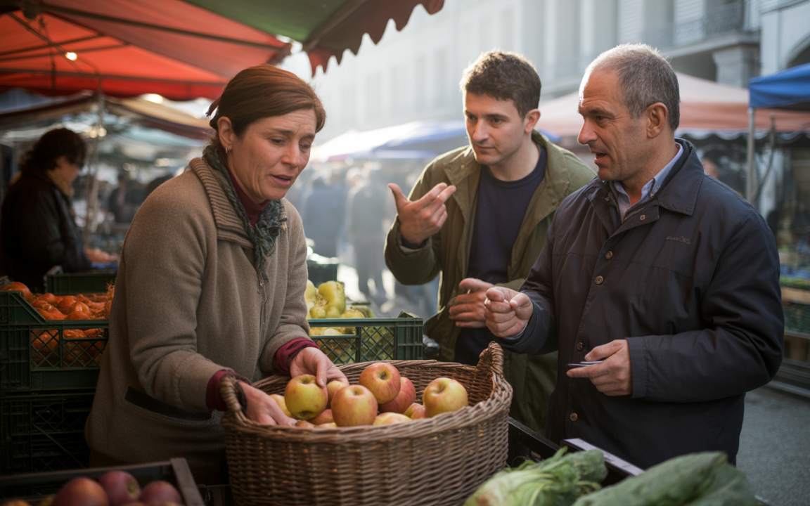 Trois personnes discutent au marché autour d'un panier rempli de pommes, dans une ambiance animée et ensoleillée.