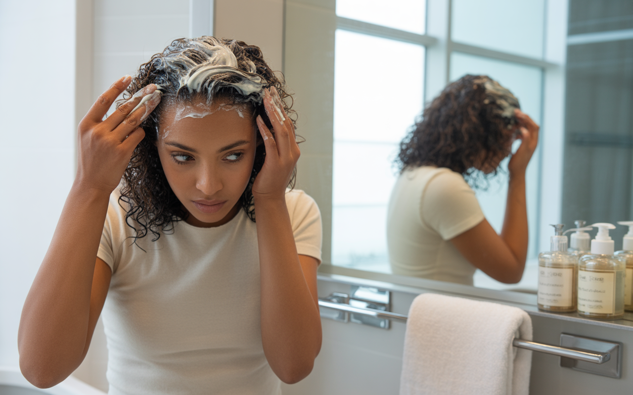 Une femme aux cheveux bouclés applique un produit capillaire dans une salle de bain moderne, avec un miroir reflétant son image.