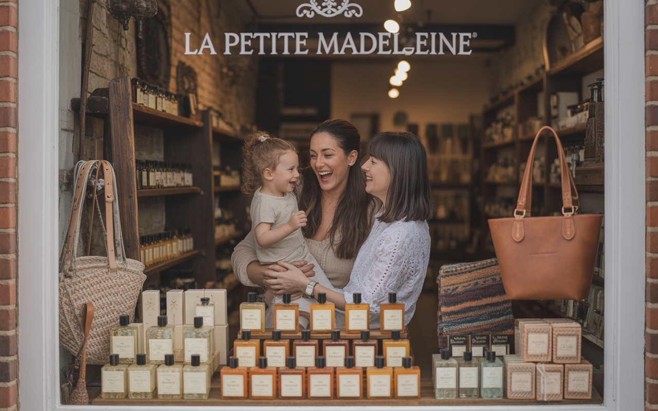 Trois femmes souriantes, dont une avec un enfant, devant une vitrine de boutique avec des cosmétiques et des sacs.