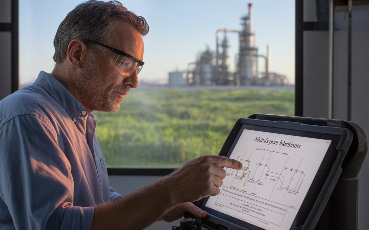 Homme en lunettes de protection analysant des données sur une tablette, avec une usine en arrière-plan et un champ verdoyant.