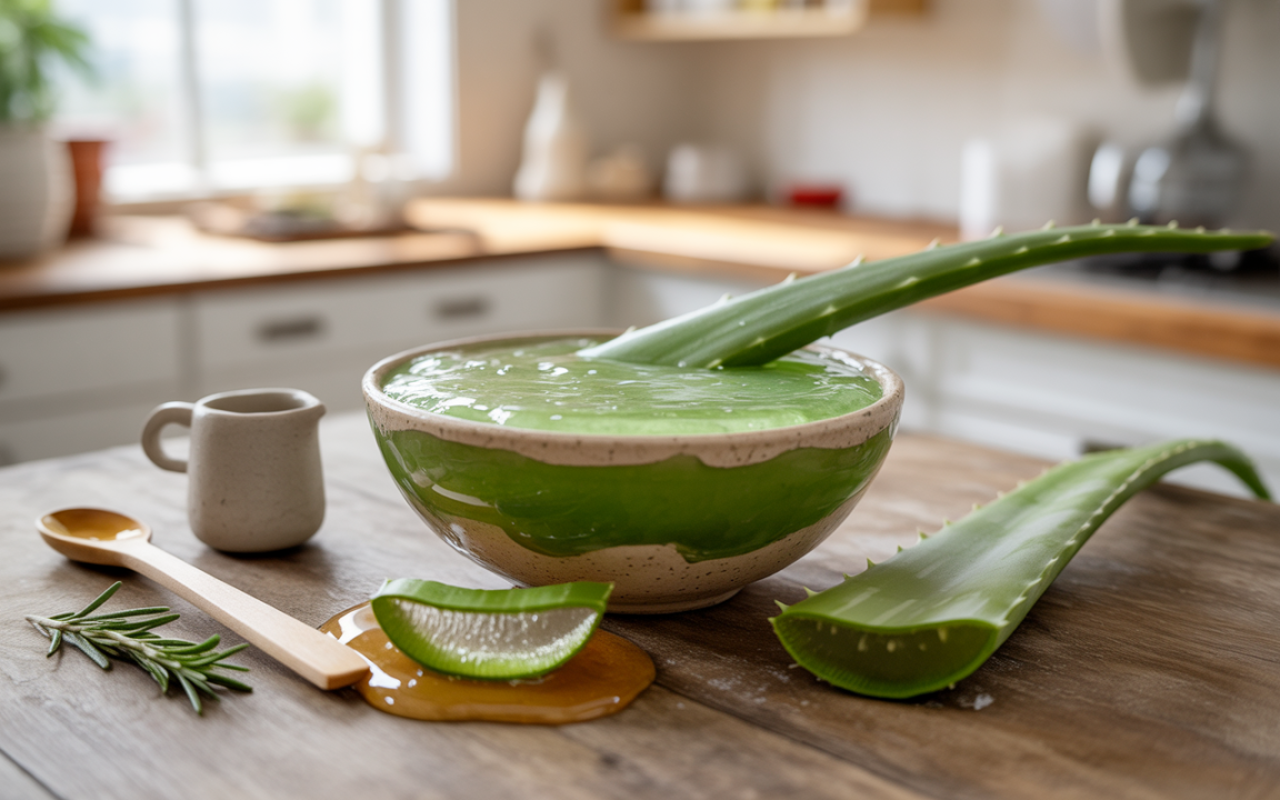 Bol en céramique rempli de gel d'aloe vera, avec des feuilles d'aloe, une cuillère en bois et un petit récipient sur une table en bois.