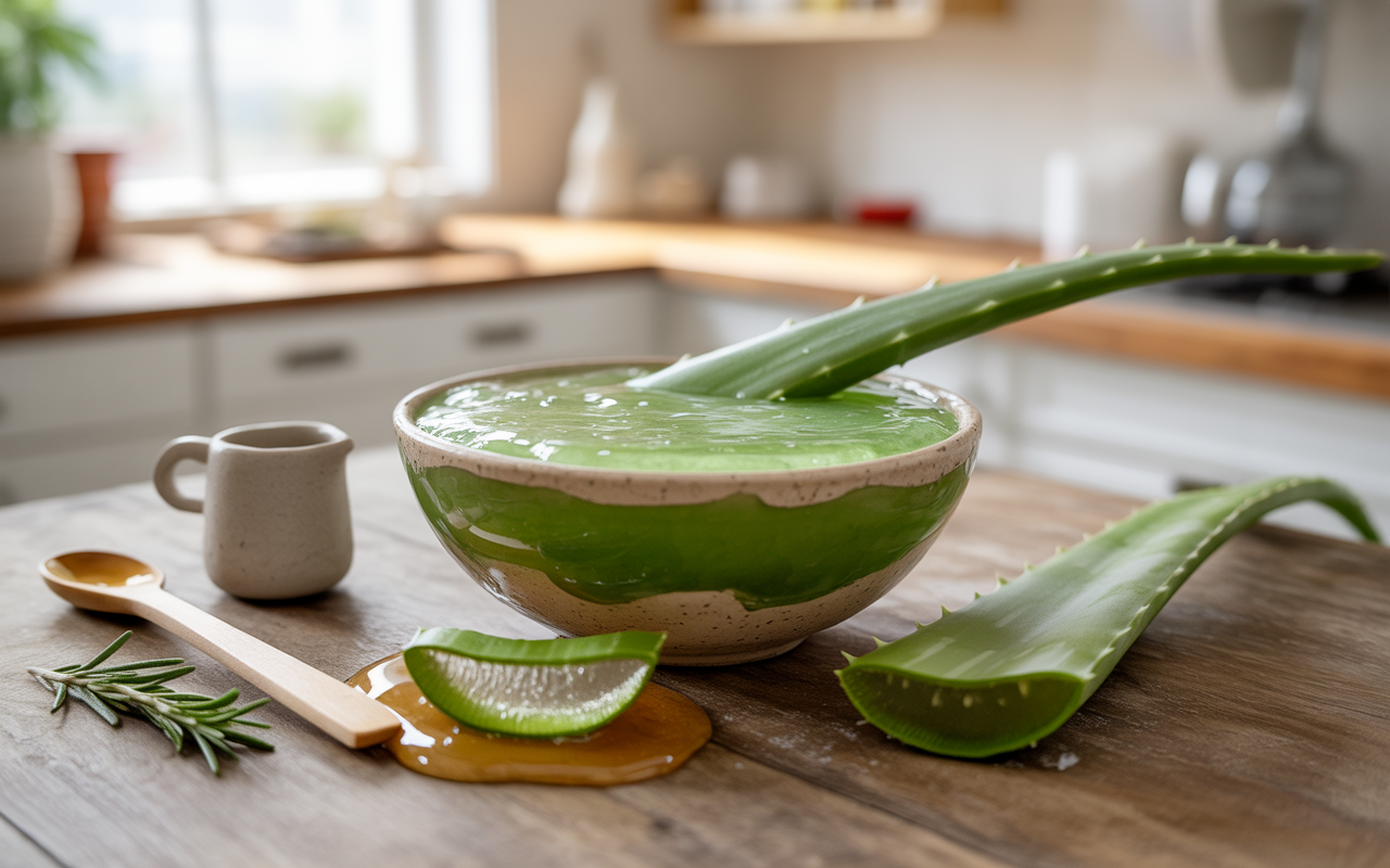 Bol en céramique rempli de gel d'aloe vera, avec des feuilles d'aloe, une cuillère en bois et un petit récipient sur une table en bois.