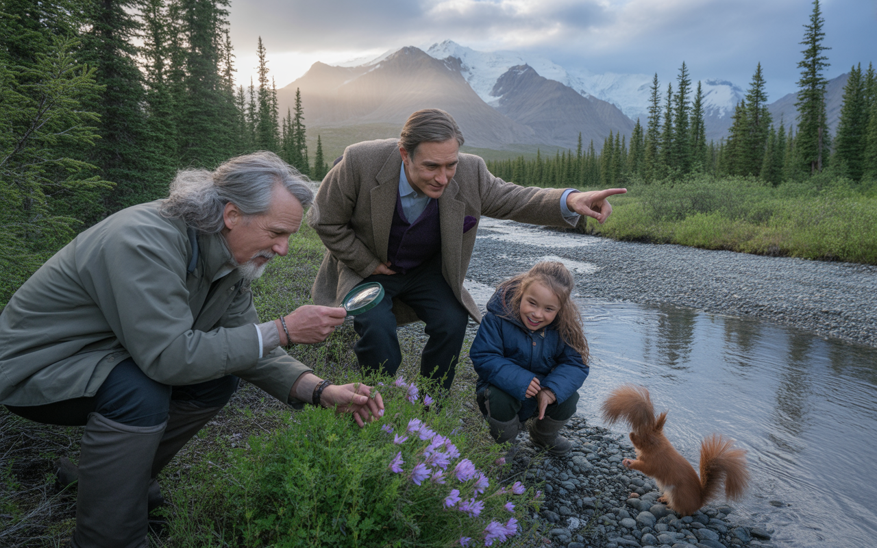 Trois personnes, un homme et une petite fille, explorent la nature près d'une rivière, en observant des fleurs et un écureuil.
