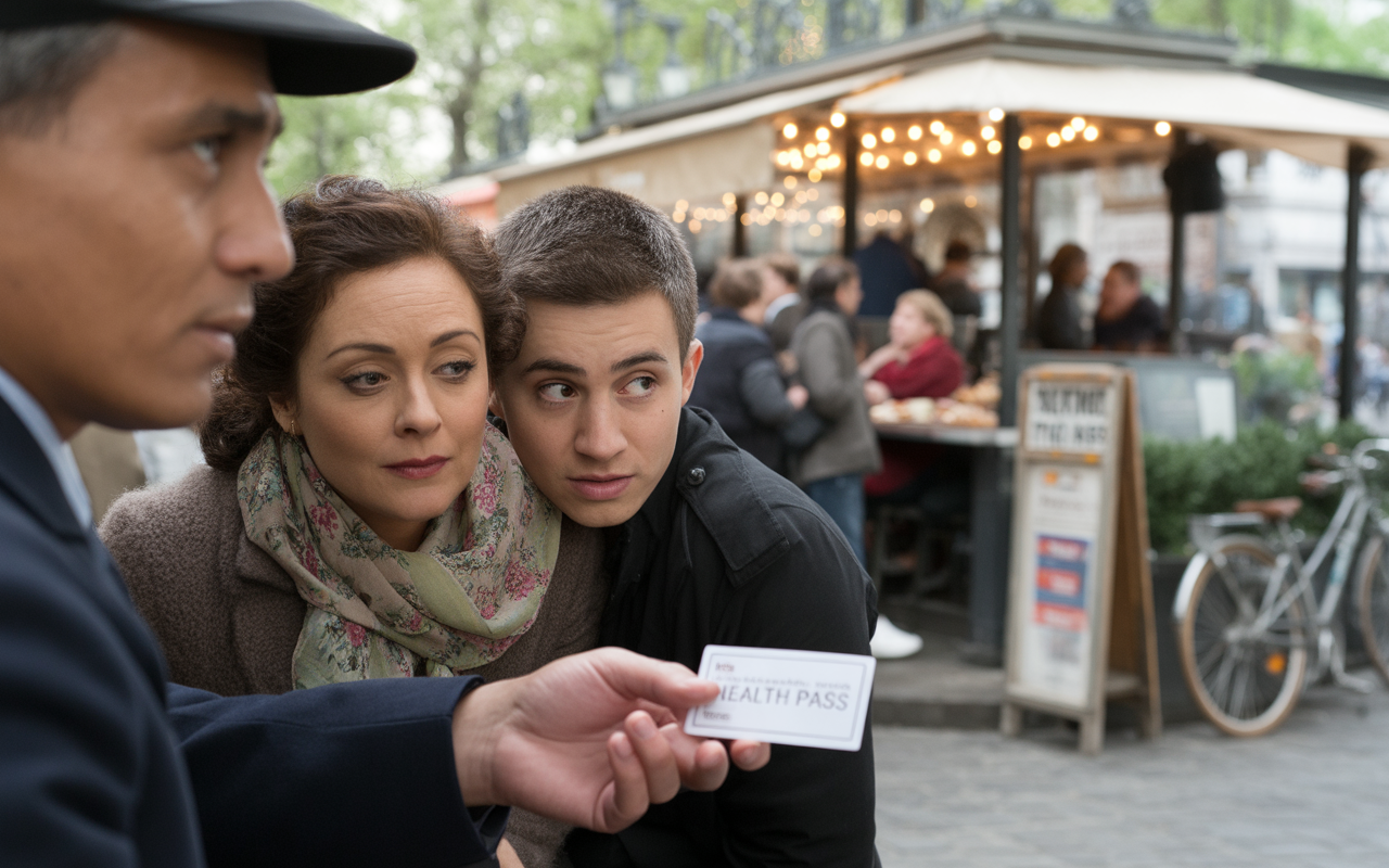 Une femme et un jeune homme observent un homme montrant un pass sanitaire dans un café animé en arrière-plan.