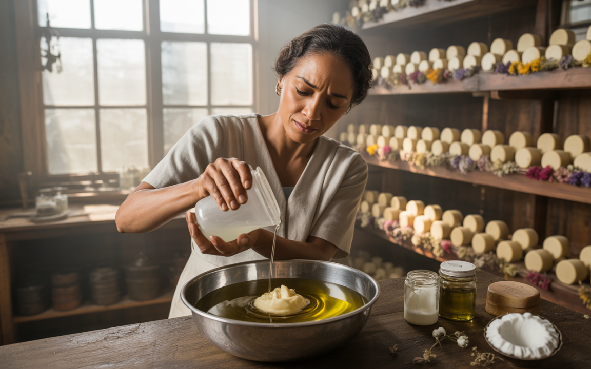 Femme versant un liquide dans un bol d'huile, entourée de savons et de pots dans une boutique artisanale lumineuse.