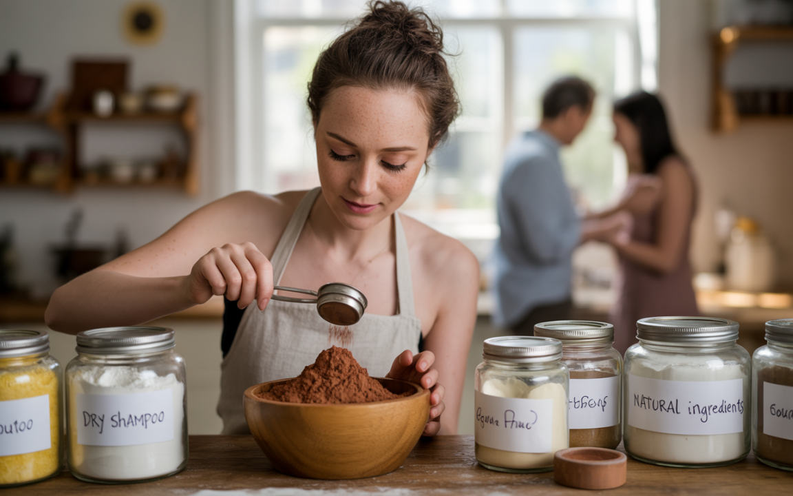 Femme en cuisine mesure de la poudre dans un bol en bois, des bocaux d'ingrédients en arrière-plan, ambiance conviviale.