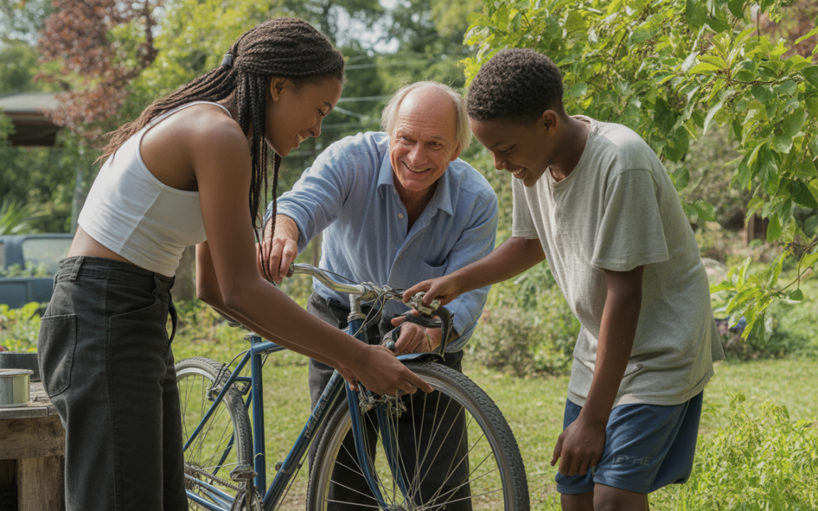 Un homme et deux enfants réparent ensemble un vélo dans un jardin verdoyant, souriant et échangeant joyeusement.