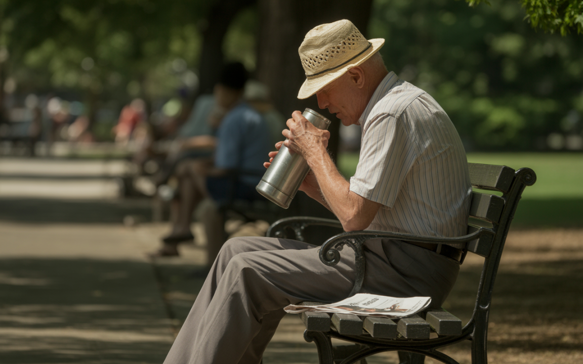 Un homme âgé avec un chapeau straw, assis sur un banc, examine une bouteille thermos dans un parc ensoleillé.