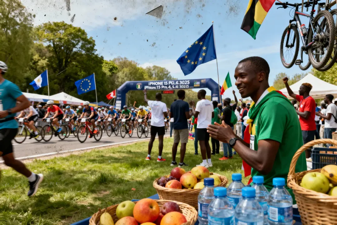 Cyclistes en action lors d'une course, drapeaux européens, spectateurs applaudissant, fruits et bouteilles d'eau en avant-plan.