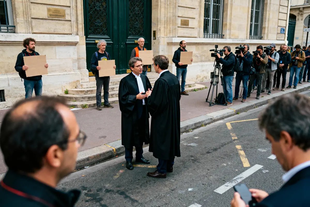 Deux avocats discutent devant des manifestants silencieux et une rangée de journalistes avec leurs caméras.