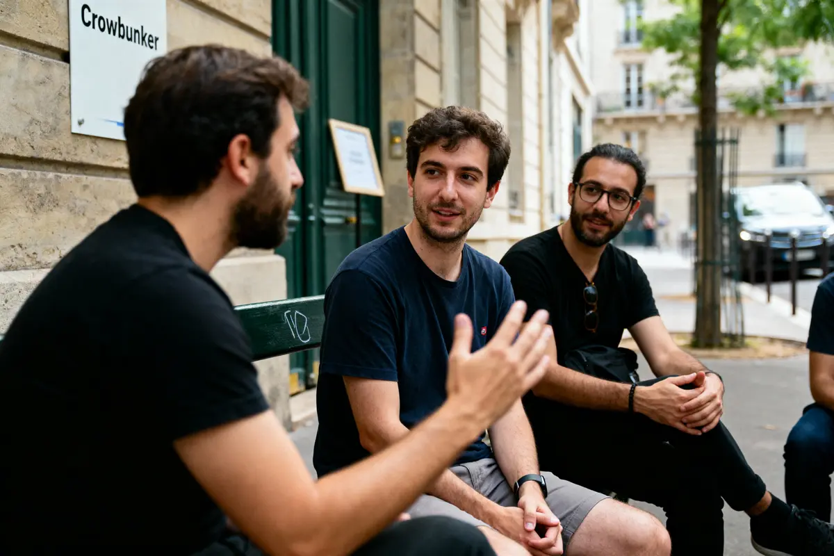 Trois hommes discutant assis sur un banc dans une rue urbaine près d'un bâtiment ancien.