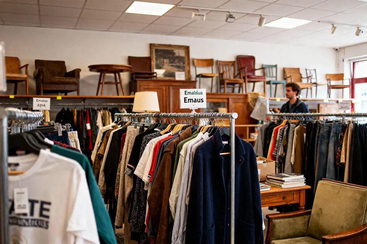 Magasin Emmaüs avec vêtements suspendus, meubles d'occasion en arrière-plan, et un homme debout à droite.