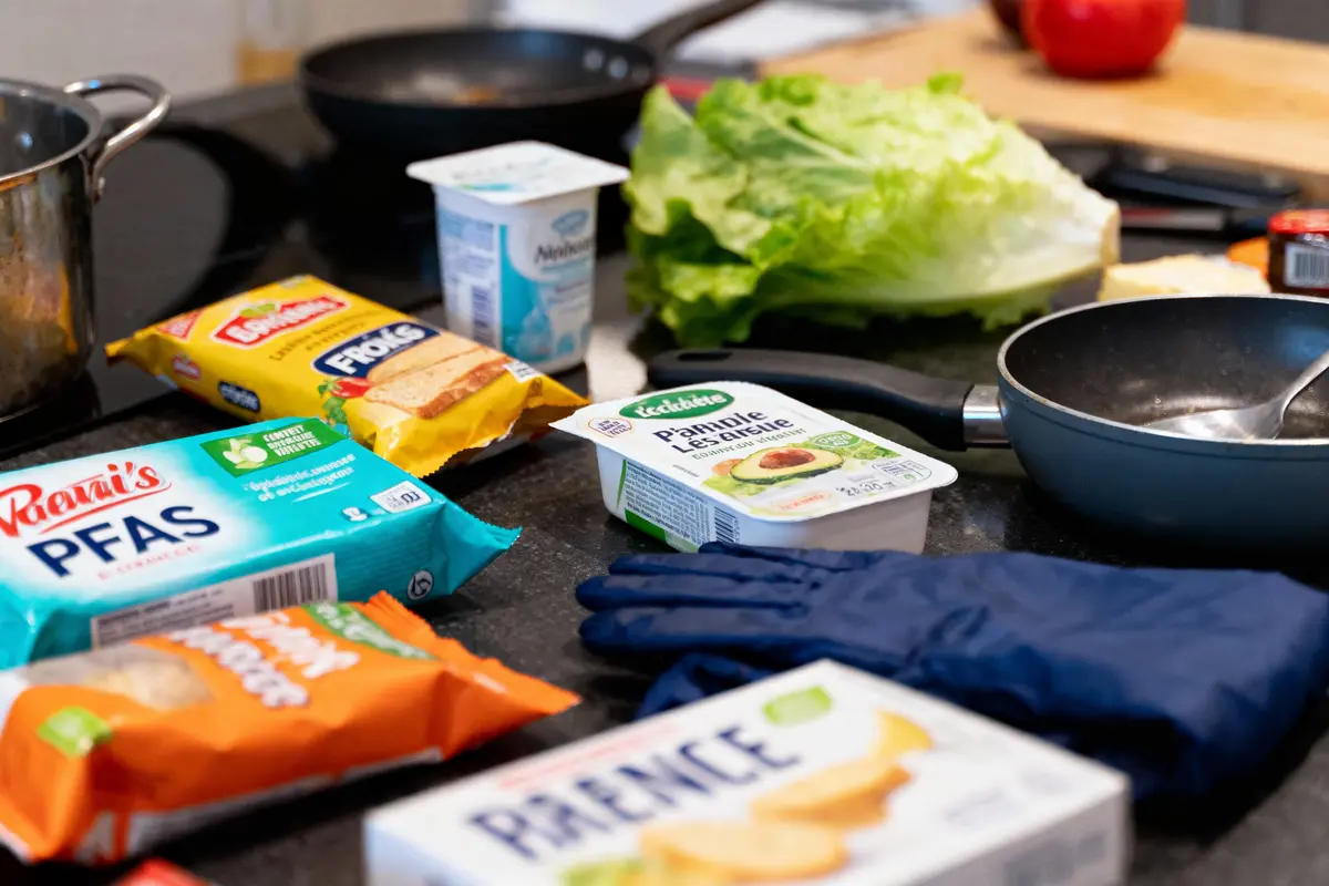 Cuisine avec ingrédients emballés, laitue, poêle et utensiles. Scène de préparation culinaire sur plan de travail.