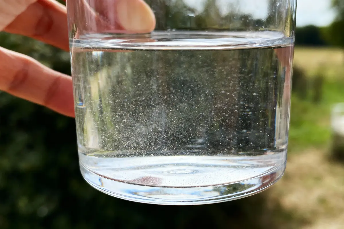 Main tenant un verre d'eau montrant des particules en suspension, en extérieur, avec arrière-plan flou verdoyant.