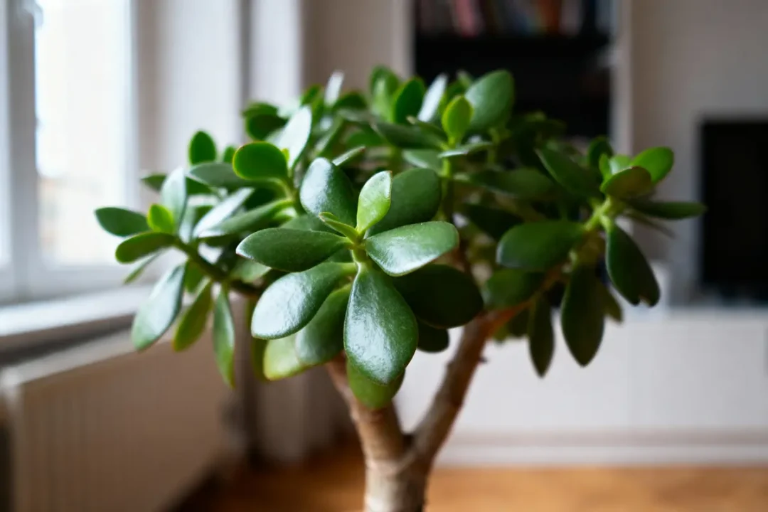 Plante d'intérieur verte avec feuilles épaisses, située près d'une fenêtre dans un intérieur lumineux.