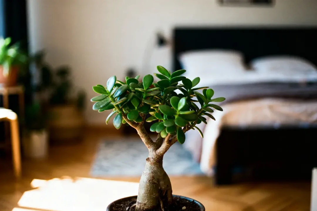 Plante en pot dans une chambre lumineuse avec lit double en arrière-plan, parquet en bois.