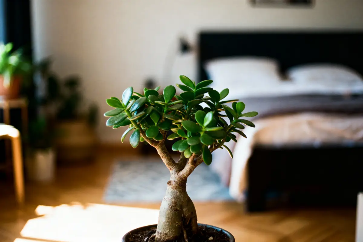 Plante en pot dans une chambre lumineuse avec lit double en arrière-plan, parquet en bois.