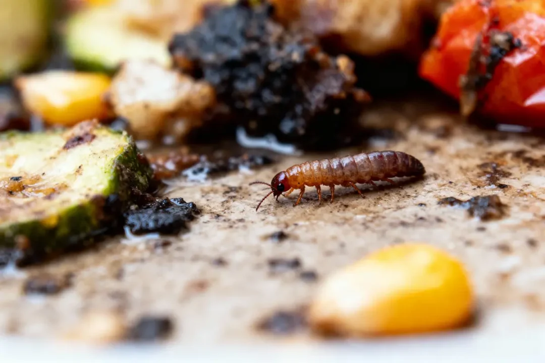 Mille-pattes brun rampant sur surface avec morceaux de légumes, dont courgette et tomate, entourés de saleté.