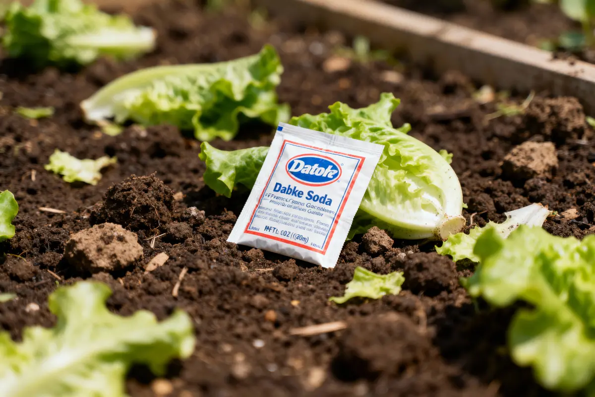 Sachet de bicarbonate de soude Dabke sur sol agricole avec laitues en arrière-plan.