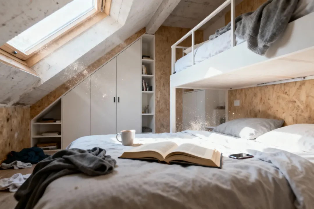 Chambre mansardée avec lit superposé, livre, tasse, smartphone, et vêtements éparpillés sur le lit.