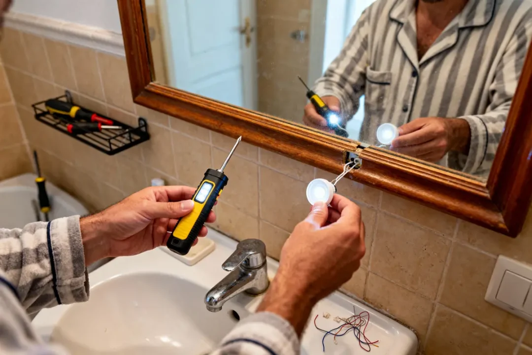 Un homme installe une lumière LED au-dessus d'un miroir de salle de bain, utilisant un tournevis et testeur.
