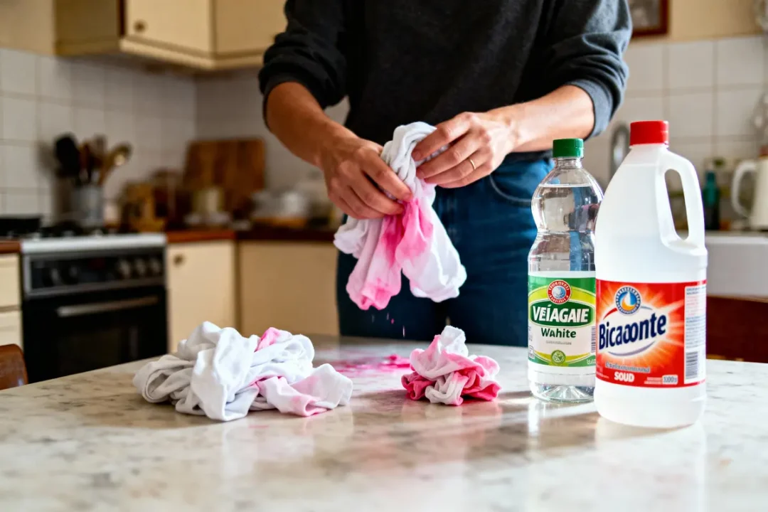 Personne nettoyant une tache rose sur tissu blanc dans une cuisine avec vinaigre et bicarbonate.