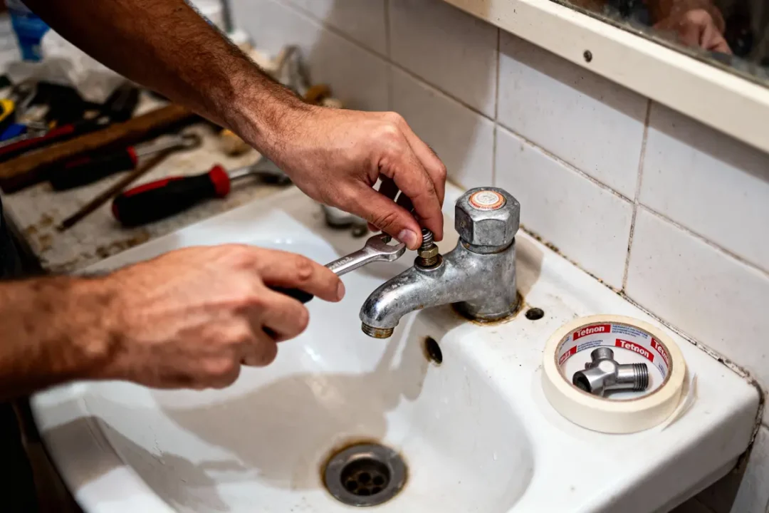 Homme réparant un robinet avec clé, lavabo blanc, tournevis et ruban adhésif à proximité.