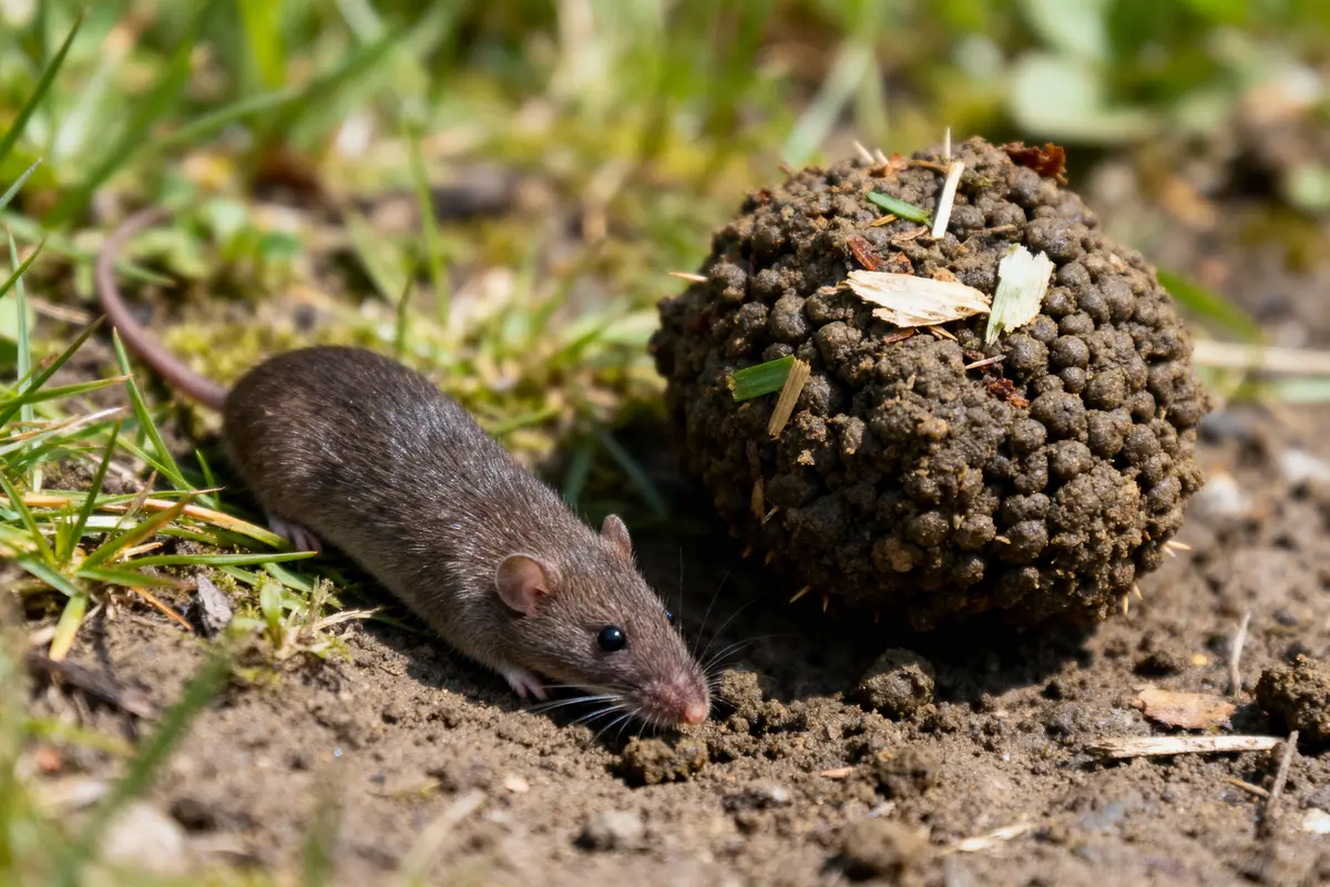 Souris brune sur terre près d'une boule d'excréments et d'herbe, environnement naturel.