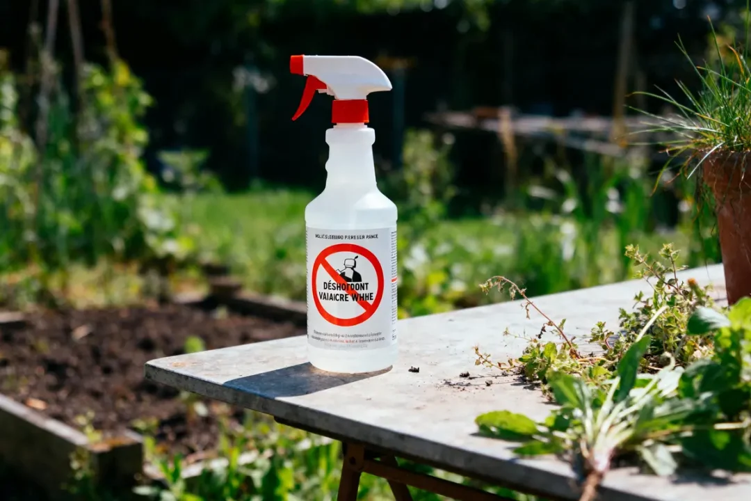 Bouteille de désherbant sur table, jardin en arrière-plan, plantes déracinées à côté.