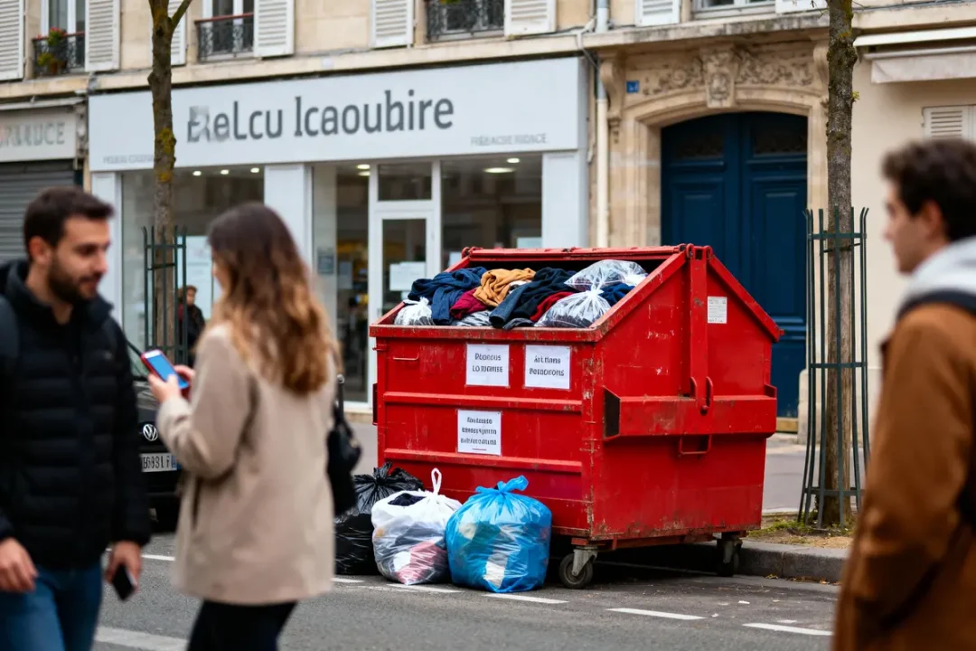 Conteneur rouge rempli de vêtements, sacs plastiques, devant un magasin, deux passants flous au premier plan.