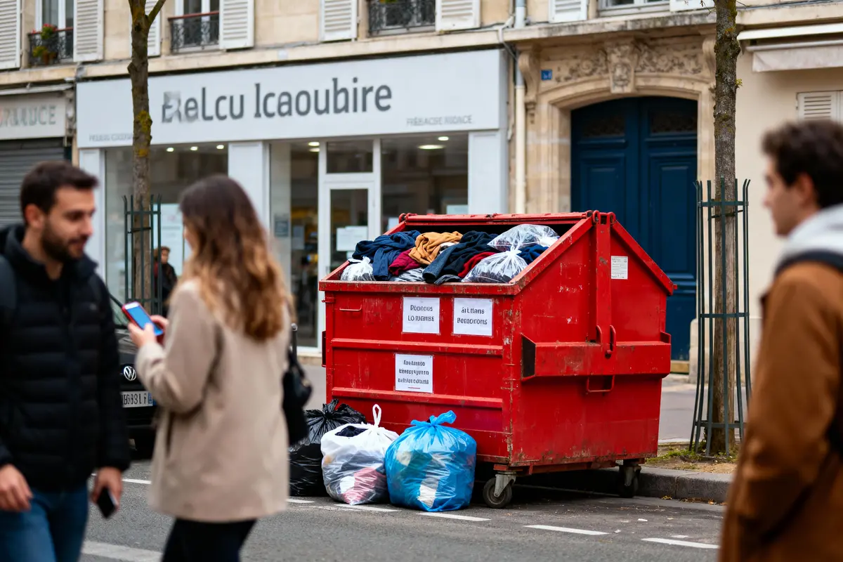 Conteneur rouge rempli de vêtements, sacs plastiques, devant un magasin, deux passants flous au premier plan.
