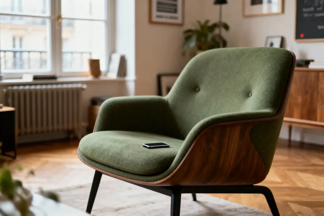 Fauteuil vert moderne avec téléphone sur l'assise dans un salon lumineux et élégant.