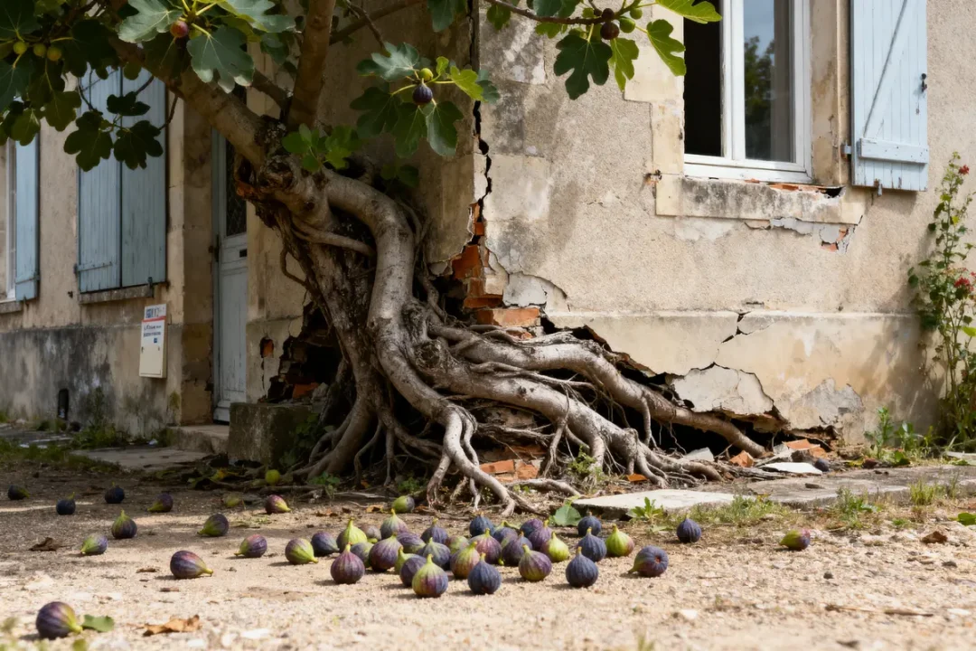 Fig tree with roots damaging building, figs on ground, cracked wall with window and blue shutters.