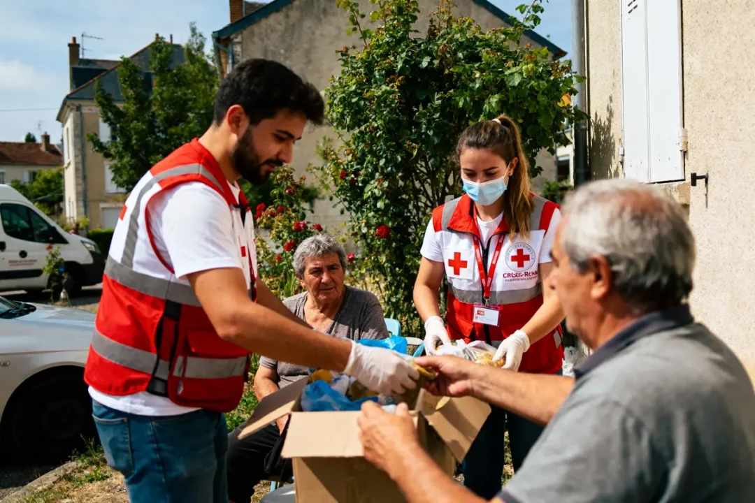 Bénévoles de la Croix-Rouge distribuant des vivres à des personnes âgées en extérieur, près d’un bâtiment résidentiel.