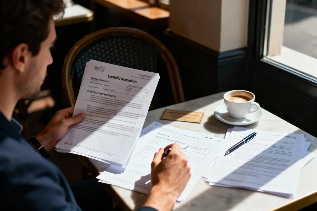 Un homme lit des documents à une table de café avec une boisson chaude.