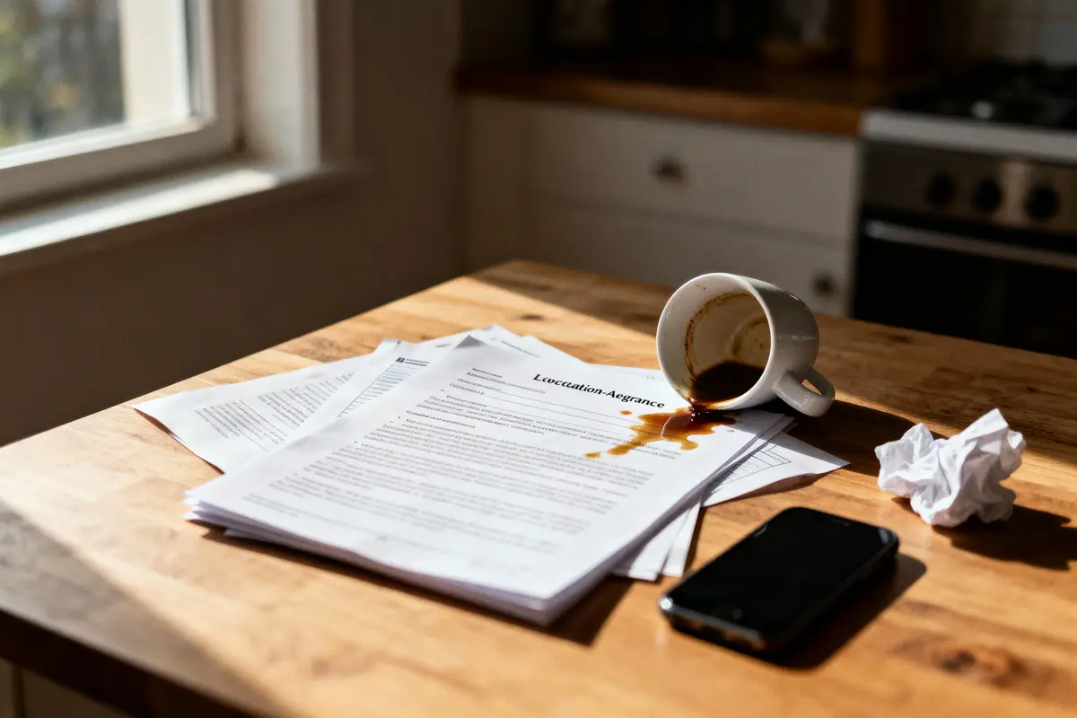 Documents sur une table en bois, café renversé, téléphone noir et papier froissé à côté d'une fenêtre.