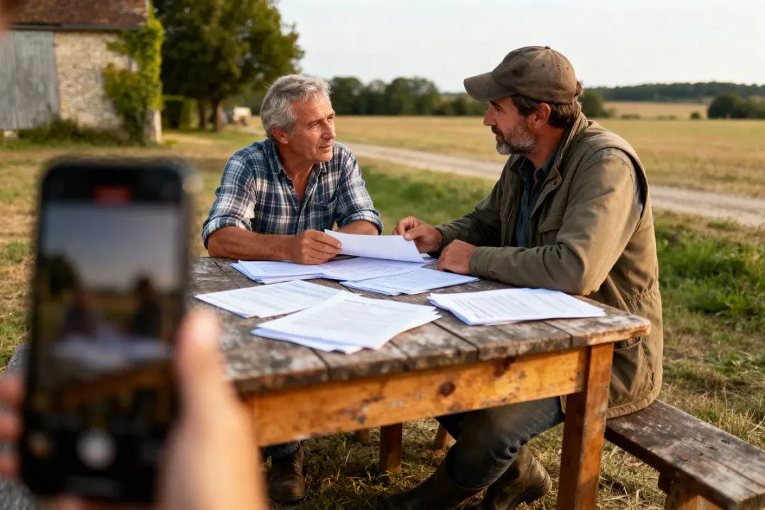 Deux hommes discutent autour d'une table en bois avec des documents, en plein air, dans un cadre rural.