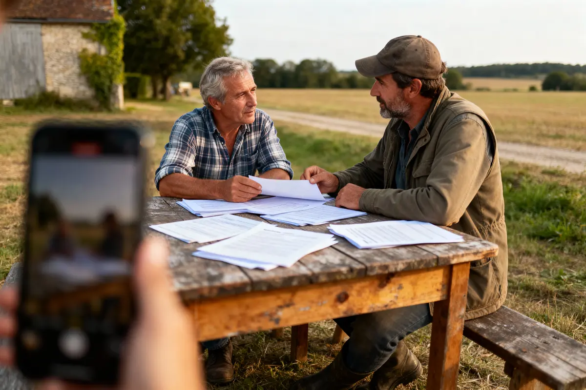 Deux hommes discutent autour d'une table en bois avec des documents, en plein air, dans un cadre rural.