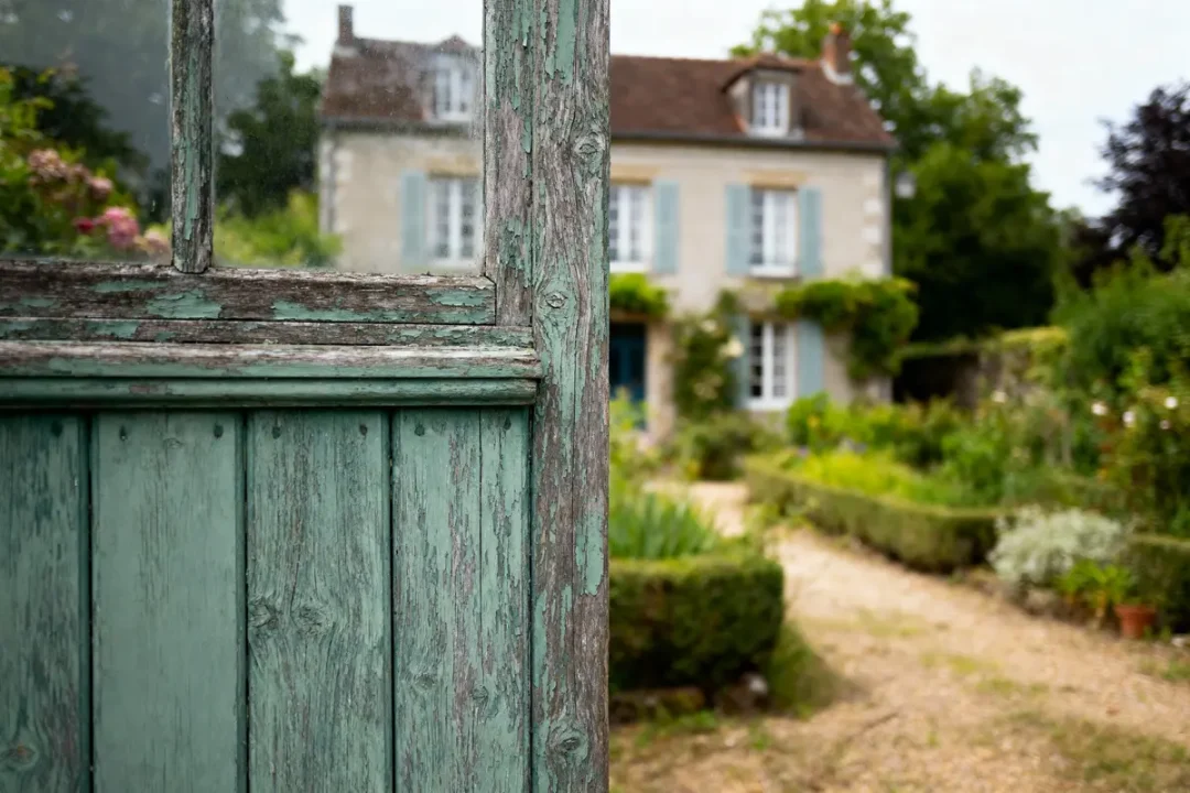 Vieille porte turquoise en bois avec jardin flou et maison en arrière-plan. Atmosphère champêtre et sereine.