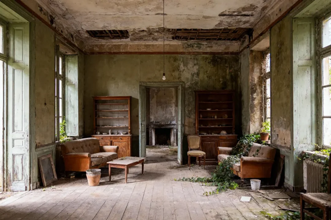 Pièce abandonnée avec meubles anciens, fauteuils usés, murs délabrés, plantes envahissantes, plancher et cheminées dégradés.
