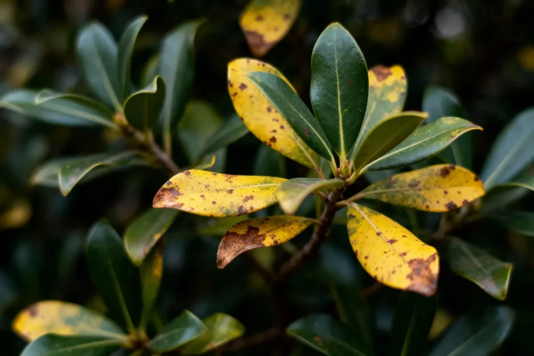 Feuilles de plante avec taches jaunes et brunes, contraste de couleurs vertes et jaunes, éclairage naturel.