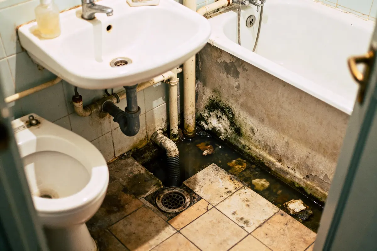 Salle de bain avec évier, baignoire, sol inondé, moisissures et tuyauterie visible. Condition insalubre et négligée.