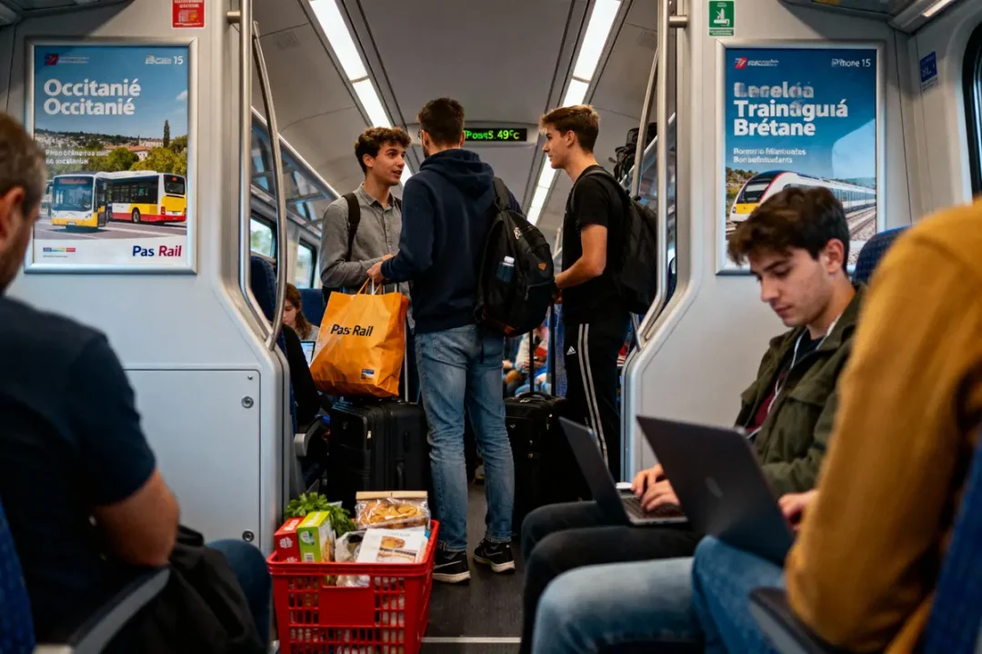 Des personnes discutent et travaillent avec des ordinateurs portables dans un train, entourées de bagages.