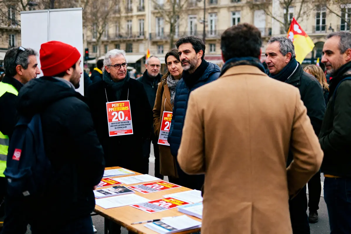 Groupe de personnes discutant autour d'une table avec des affiches et documents, dans un contexte urbain.