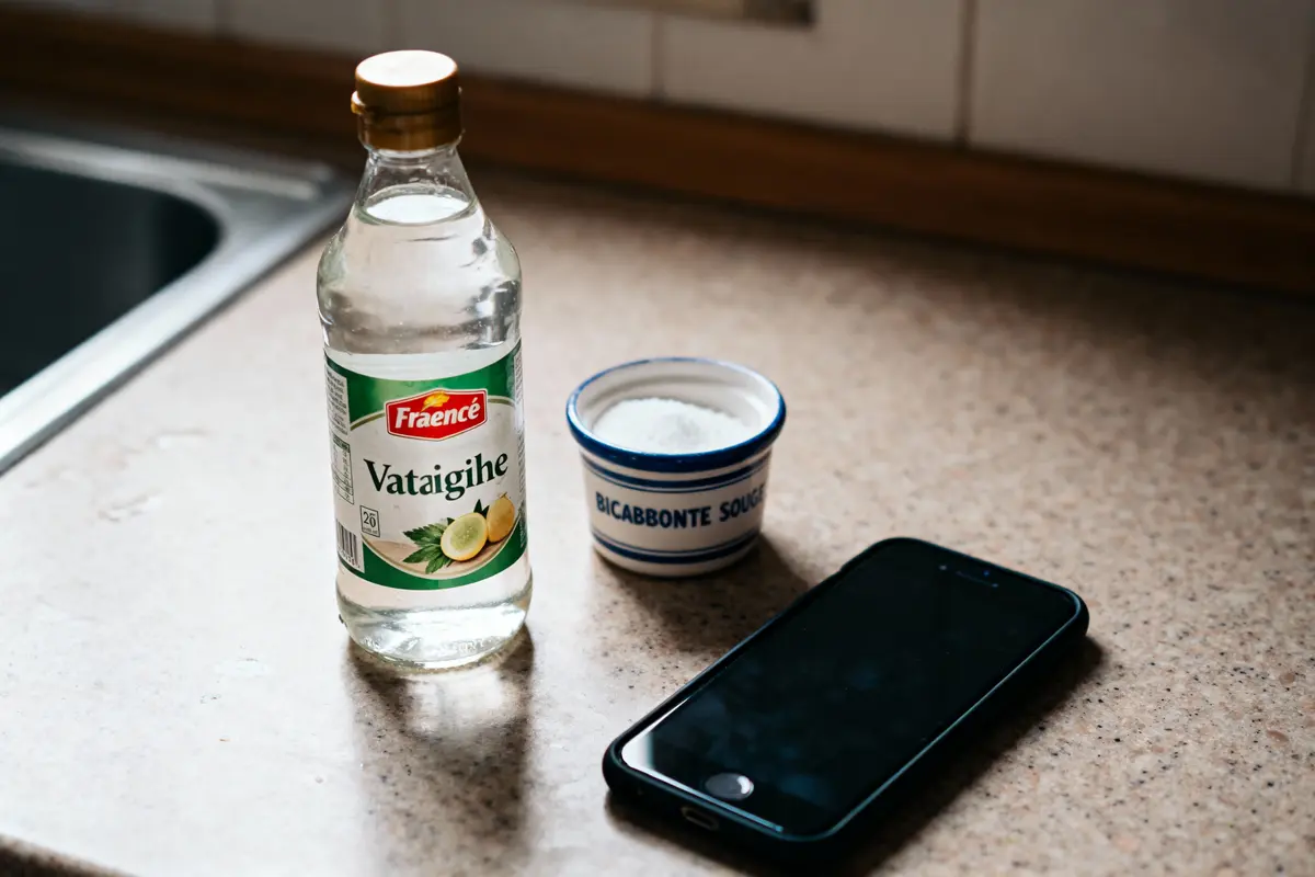 Bouteille de vinaigre, bol de bicarbonate de soude, smartphone sur un plan de travail de cuisine.