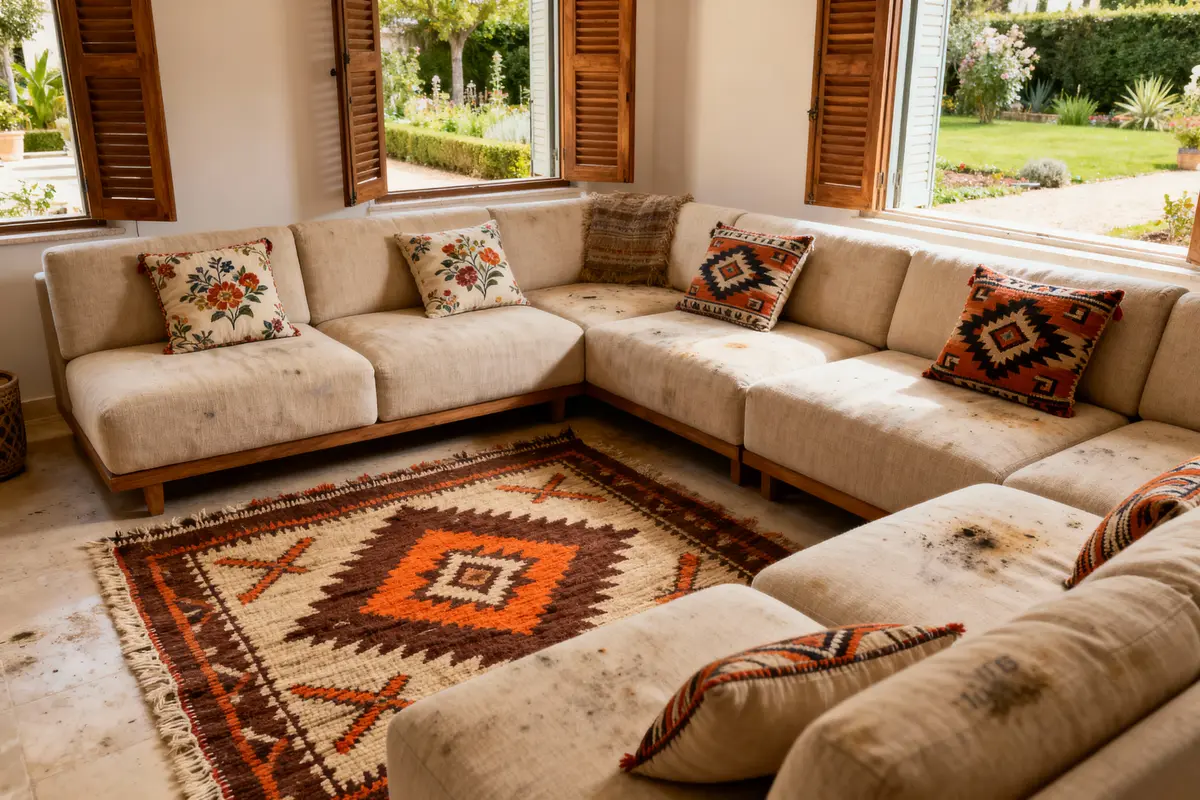 Salon avec canapé beige, coussins colorés, tapis géométrique, fenêtres ouvertes, vue sur jardin verdoyant.