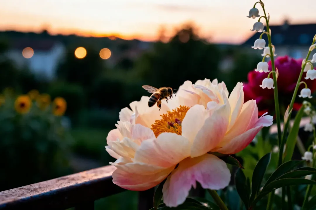 Abeille en vol au-dessus d'une pivoine rose au coucher du soleil avec arrière-plan flou.