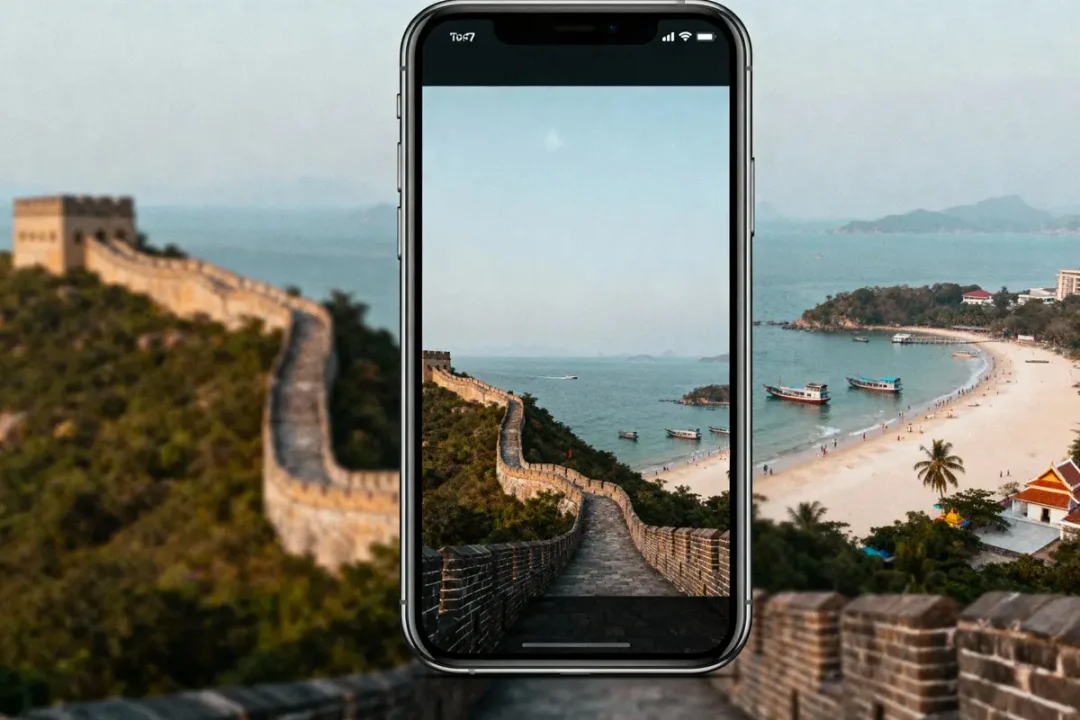 Smartphone affichant paysage d'une muraille s'étendant vers la mer. Plage et bateaux en arrière-plan.